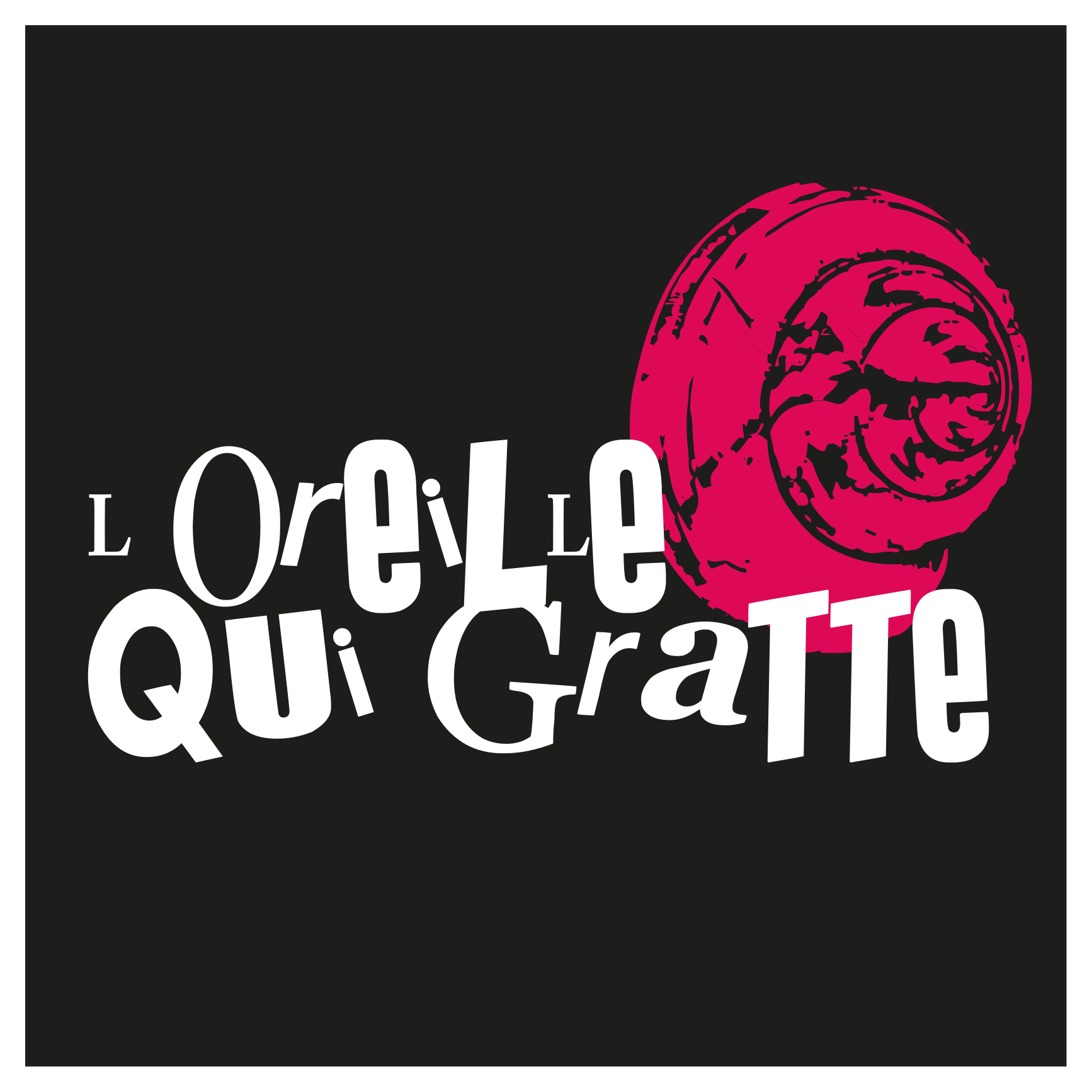Variante du logo L’oreille qui gratte en blanc et rose sur fond noir
