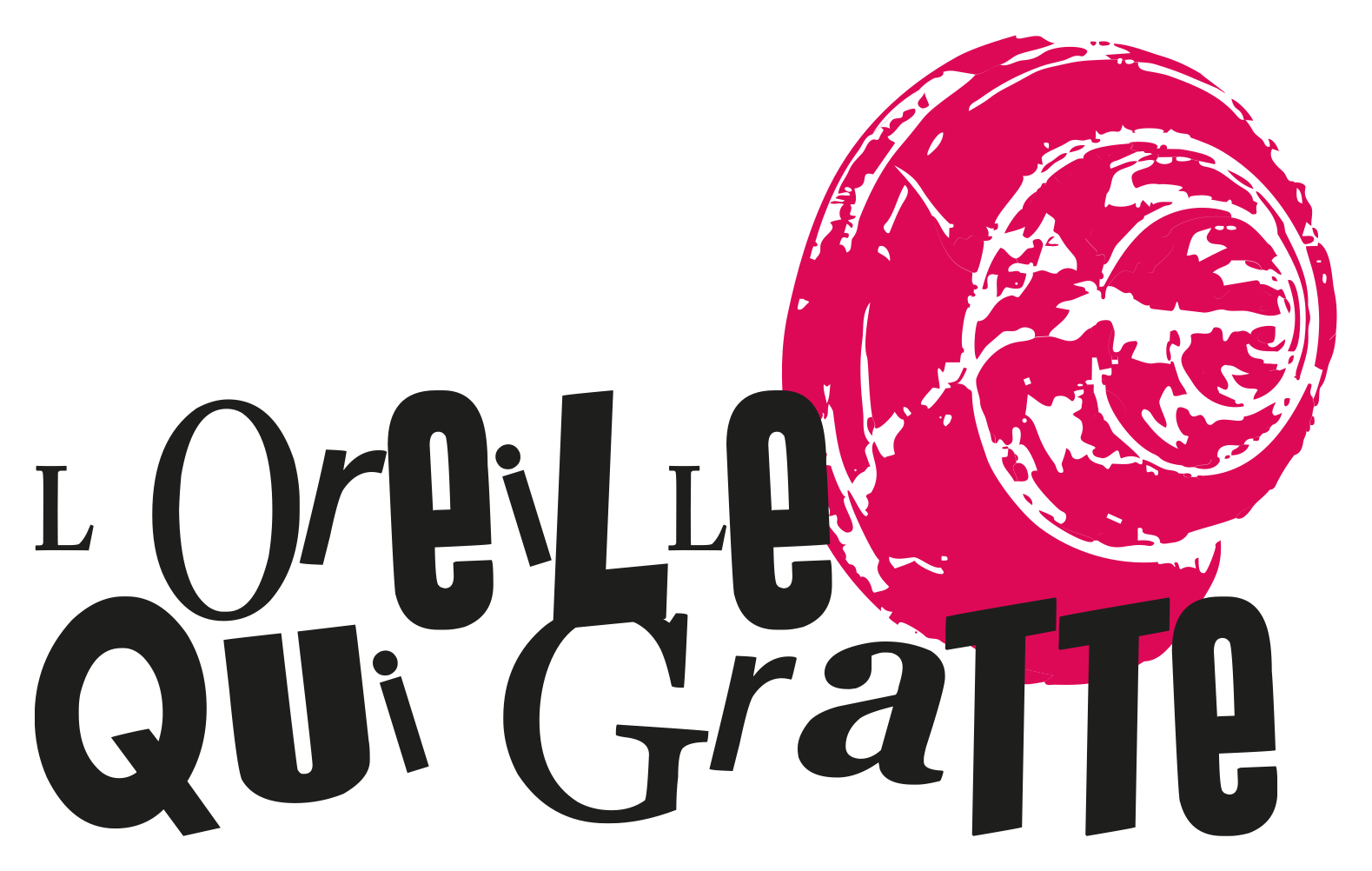 Logo principal L’oreille qui gratte, version quadrichromie noir et rose sur fond clair
