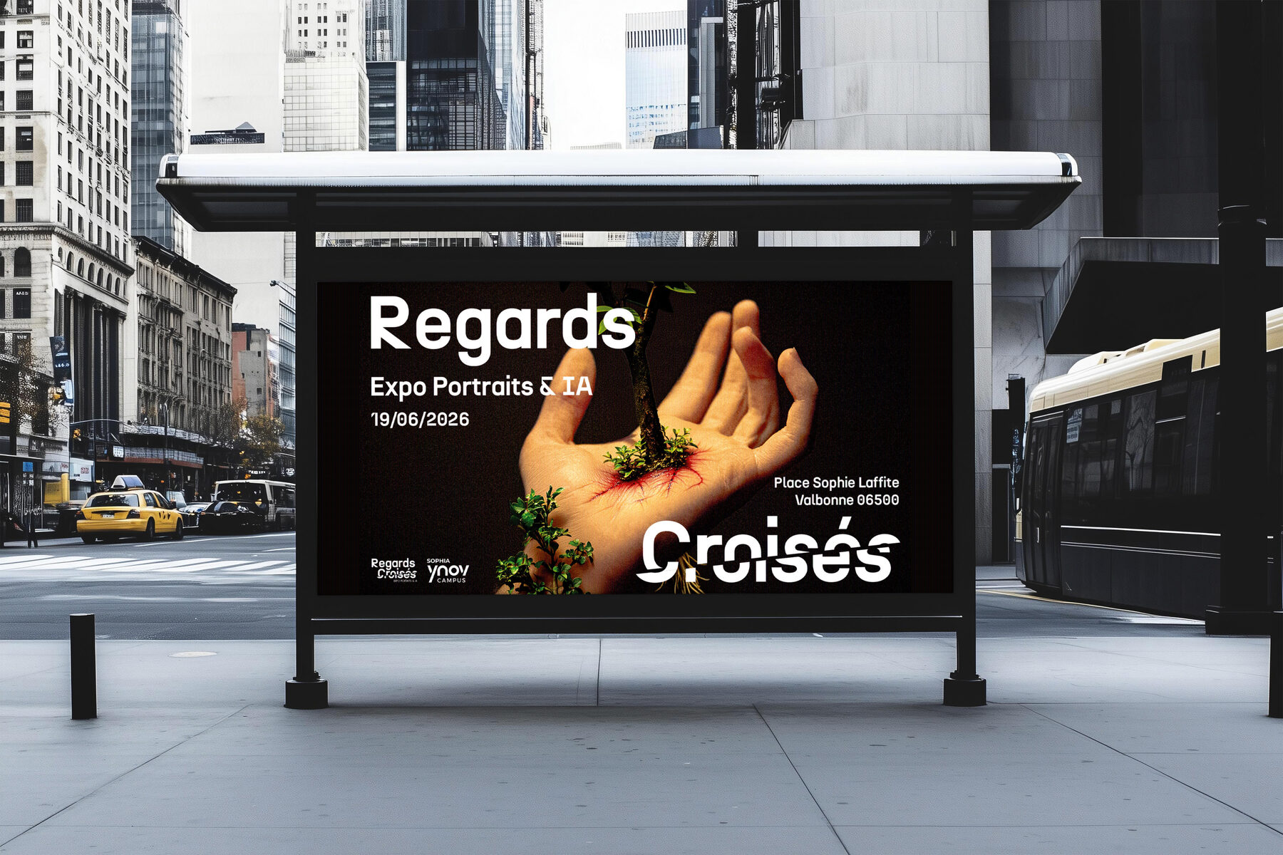 Affiche Regards Croisés en mockup abribus : exposition portraits et IA, identité visuelle noir et blanc